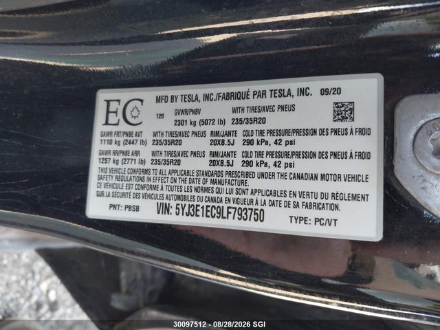 Продажа на аукционе авто 2020 Tesla Model 3, vin: 5YJ3E1EC9LF793750, номер лота: 30097512