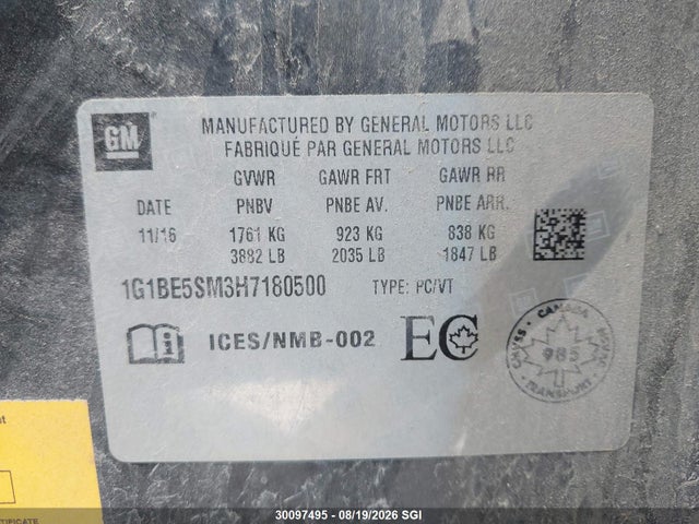 Продаж на аукціоні авто 2017 Chevrolet Cruze Lt, vin: 1G1BE5SM3H7180500, номер лоту: 30097495