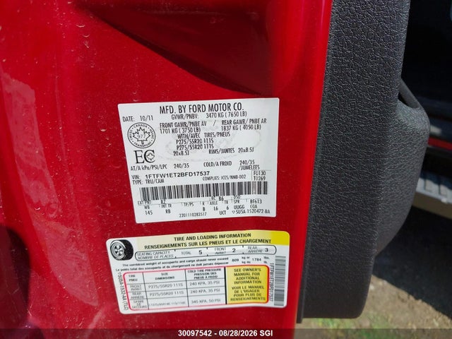 Продаж на аукціоні авто 2011 Ford F150 Supercrew, vin: 1FTFW1ET2BFD17537, номер лоту: 30097542