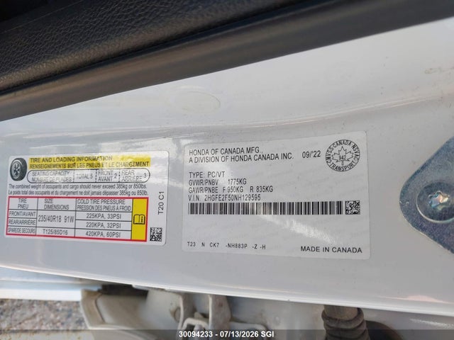 Aukcja sprzedaży 2022 Honda Civic Sport, vin: 2HGFE2F50NH129595, numer aukcji: 30094233