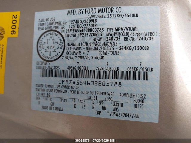 Продажа на аукционе авто 2003 Ford Windstar Lx, vin: 2FMZA55463BB03788, номер лота: 30094876