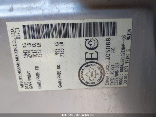 Aukcja sprzedaży 2012 Nissan Altima S, vin: 1N4AL2APXCC105088, numer aukcji: 30097095