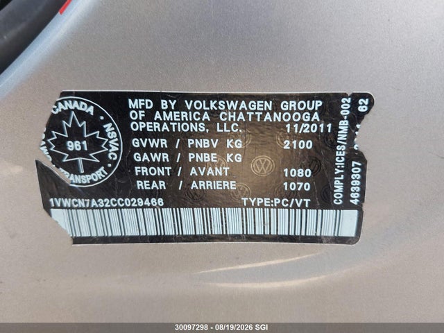 Aukcja sprzedaży 2012 Volkswagen Passat Sel, vin: 1VWCN7A32CC029466, numer aukcji: 30097298