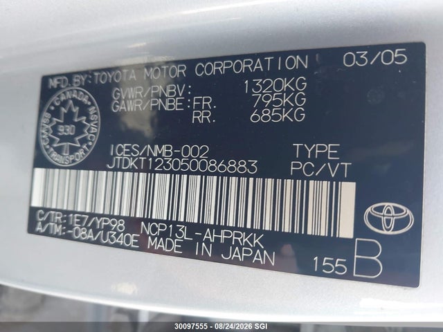 2005 Toyota Echo მანქანა იყიდება აუქციონზე, vin: JTDKT123050086883, აუქციონის ნომერი: 30097555