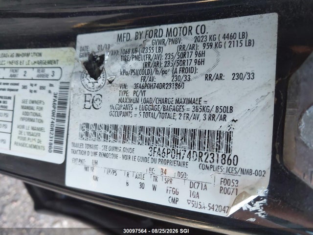 2013 Ford Fusion Se მანქანა იყიდება აუქციონზე, vin: 3FA6P0H74DR231860, აუქციონის ნომერი: 30097564