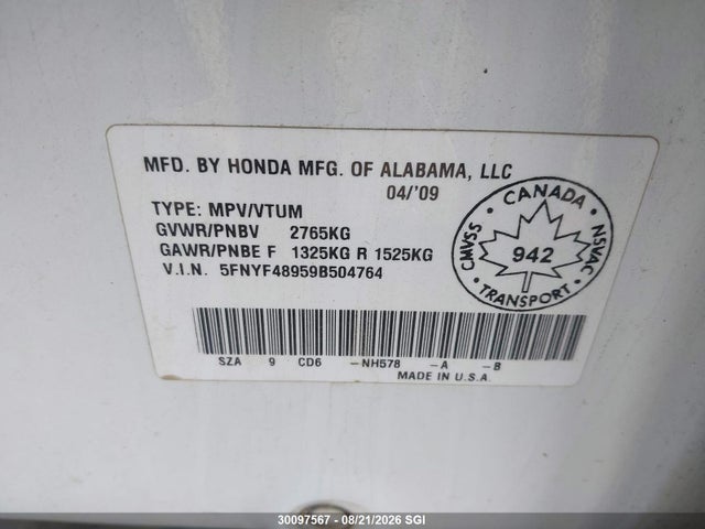 Продажа на аукционе авто 2009 Honda Pilot Touring, vin: 5FNYF48959B504764, номер лота: 30097567