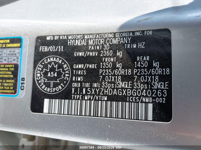 Aukcja sprzedaży 2011 Hyundai Santa Fe Se, vin: 5XYZHDAGXBG040263, numer aukcji: 30097569
