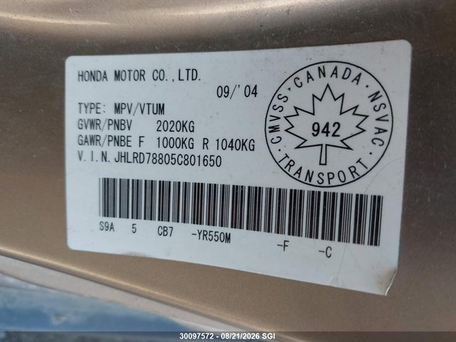 Продаж на аукціоні авто 2005 Honda Cr-v Ex, vin: JHLRD78805C801650, номер лоту: 30097572