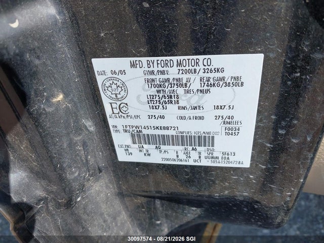 2005 Ford F150 Supercrew მანქანა იყიდება აუქციონზე, vin: 1FTPW14515KE88721, აუქციონის ნომერი: 30097574