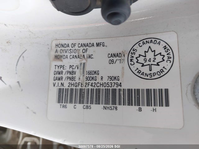 30097578 :رقم المزاد ، 2HGFB2F42CH053794 vin ، 2012 Honda Civic Lx مزاد بيع