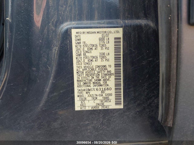 30096654 :رقم المزاد ، 5N1AR18W57C631680 vin ، 2007 Nissan Pathfinder Le/se/xe مزاد بيع