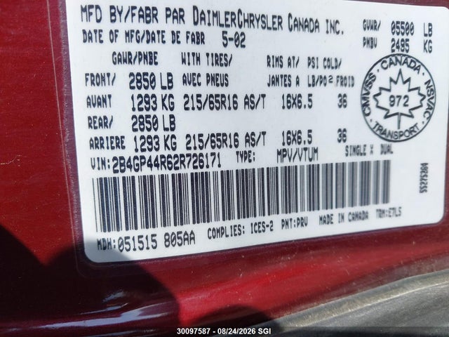2002 Dodge Grand Caravan Sport მანქანა იყიდება აუქციონზე, vin: 2B4GP44R62R726171, აუქციონის ნომერი: 30097587