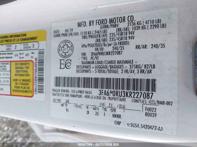 3FA6P0RU3KR227087 Ford Fusion Titanium
