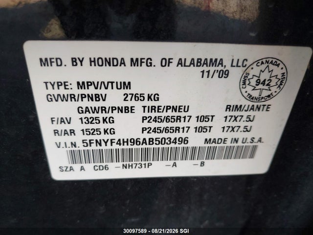 Продажа на аукционе авто 2010 Honda Pilot Touring, vin: 5FNYF4H96AB503496, номер лота: 30097589