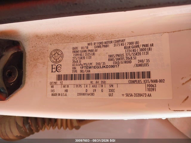 30097603 :رقم المزاد ، 1FTEW1EG3JKD39017 vin ، 2018 Ford F150 Supercrew مزاد بيع