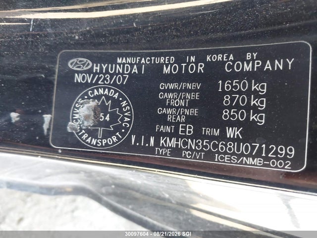 2008 Hyundai Accent Gs მანქანა იყიდება აუქციონზე, vin: KMHCN35C68U071299, აუქციონის ნომერი: 30097604