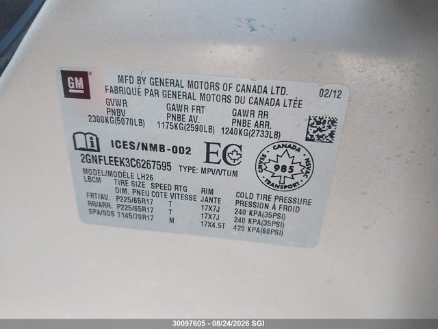 30097605 :رقم المزاد ، 2GNFLEEK3C6267595 vin ، 2012 Chevrolet Equinox Lt مزاد بيع