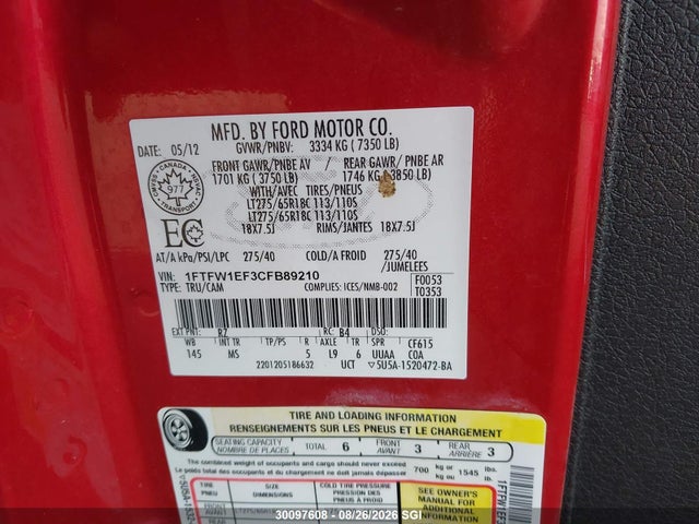 2012 Ford F150 Supercrew მანქანა იყიდება აუქციონზე, vin: 1FTFW1EF3CFB89210, აუქციონის ნომერი: 30097608