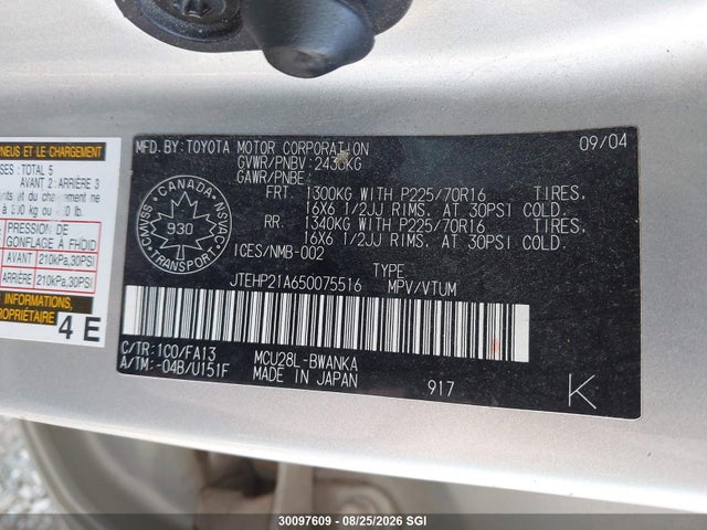 30097609 :رقم المزاد ، JTEHP21A650075516 vin ، 2005 Toyota Highlander Limited مزاد بيع