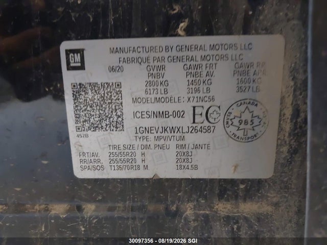 30097356 :رقم المزاد ، 1GNEVJKWXLJ264587 vin ، 2020 Chevrolet Traverse Rs مزاد بيع