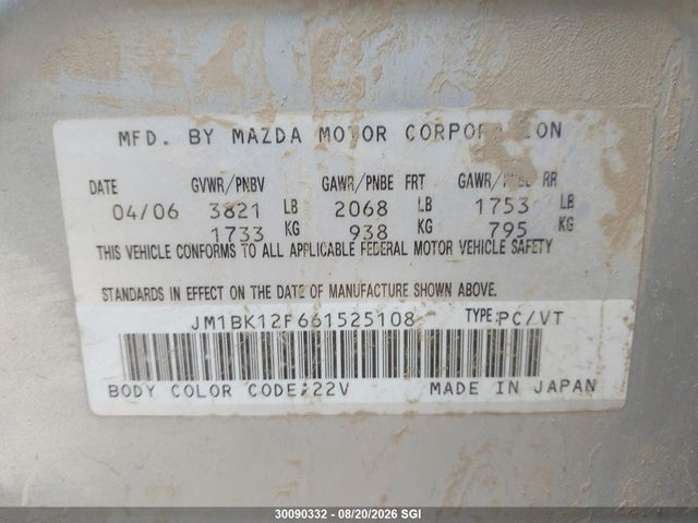 Продажа на аукционе авто 2006 Mazda 3 I, vin: JM1BK12F661525108, номер лота: 30090332