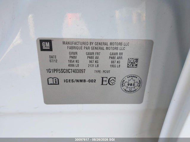 30097617 :رقم المزاد ، 1G1PF5SC8C7403097 vin ، 2012 Chevrolet Cruze Lt مزاد بيع