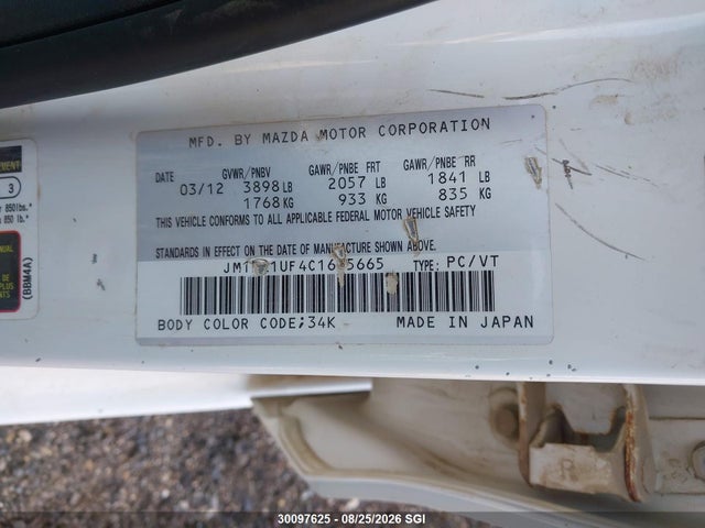 30097625 :رقم المزاد ، JM1BL1UF4C1625665 vin ، 2012 Mazda Mazda3 Gx مزاد بيع