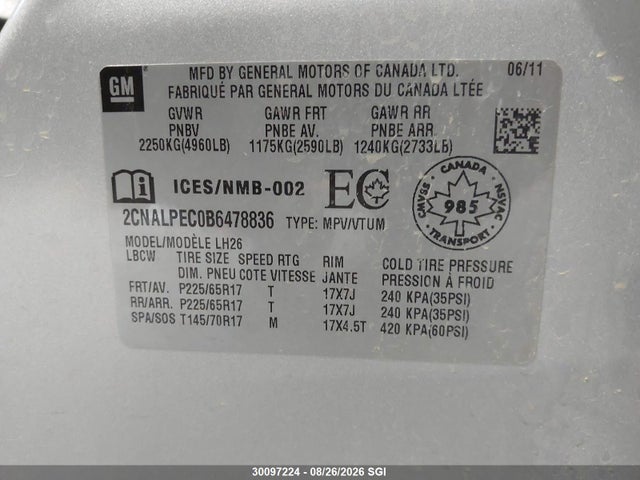 30097224 :رقم المزاد ، 2CNALPEC0B6478836 vin ، 2011 Chevrolet Equinox Lt مزاد بيع
