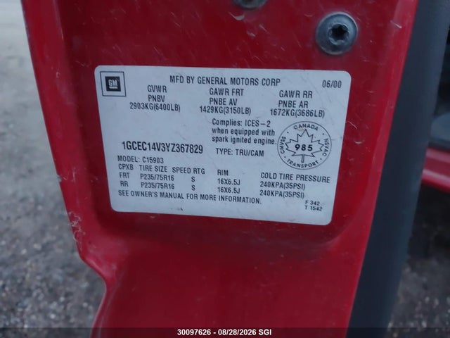 2000 Chevrolet Silverado C1500 მანქანა იყიდება აუქციონზე, vin: 1GCEC14V3YZ367829, აუქციონის ნომერი: 30097626