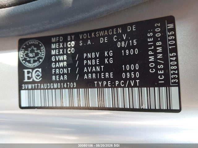 Auction sale of the 2016 Volkswagen Gti S/se, vin: 3VWYT7AU3GM014709, lot number: 30080106