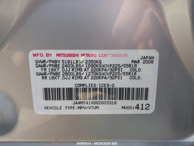 30095614 :رقم المزاد ، JA4MT41X88Z605316 vin ، 2008 Mitsubishi Outlander Xls مزاد بيع