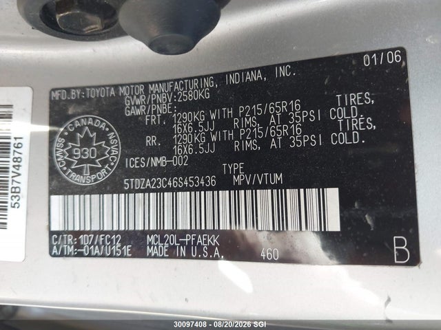 Aukcja sprzedaży 2006 Toyota Sienna Ce/le, vin: 5TDZA23C46S453436, numer aukcji: 30097408