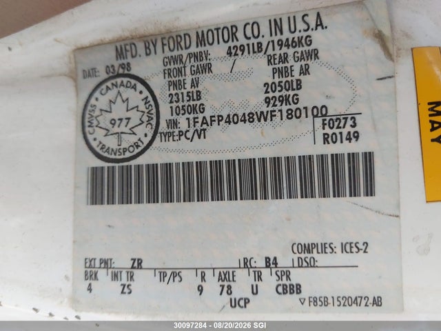 Продажа на аукционе авто 1998 Ford Mustang, vin: 1FAFP4048WF180100, номер лота: 30097284