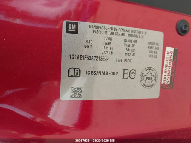 Продаж на аукціоні авто 2010 Chevrolet Cobalt 2lt, vin: 1G1AE1F53A7213699, номер лоту: 30097636