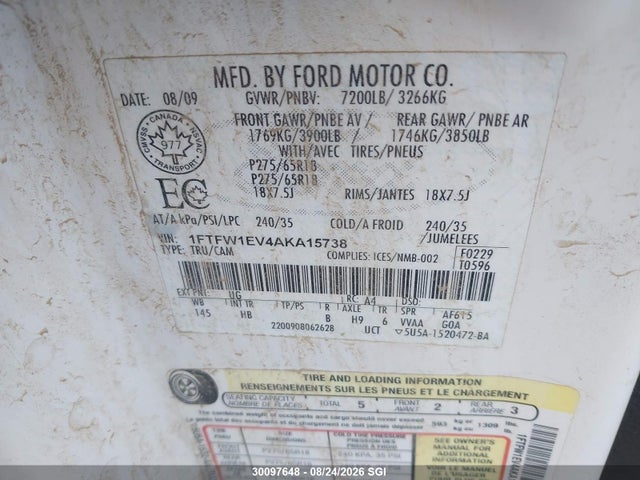 2010 Ford F150 Supercrew მანქანა იყიდება აუქციონზე, vin: 1FTFW1EV4AKA15738, აუქციონის ნომერი: 30097648