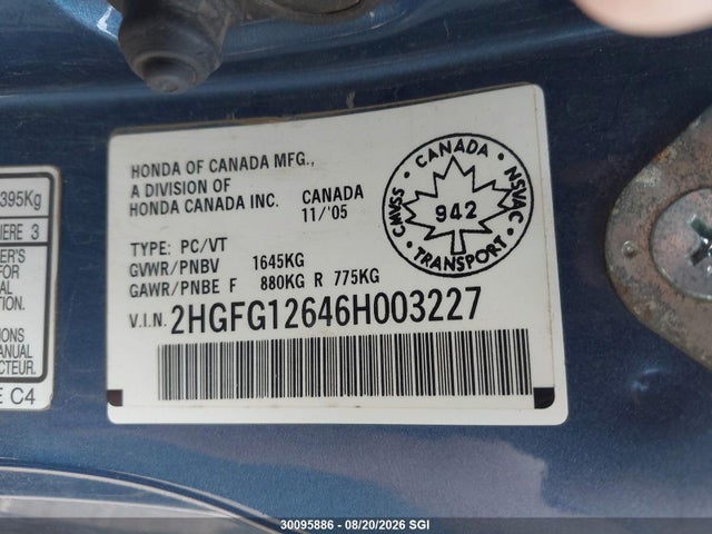 Продаж на аукціоні авто 2006 Honda Civic Lx, vin: 2HGFG12646H003227, номер лоту: 30095886