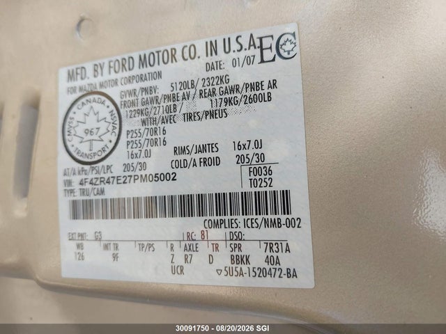 30091750 :رقم المزاد ، 4F4ZR47E27PM05002 vin ، 2007 Mazda B4000 Cab Plus مزاد بيع