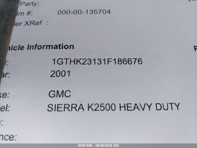 Продажа на аукционе авто 2001 Gmc Sierra K2500 Heavy Duty, vin: 1GTHK23131F186676, номер лота: 30097666