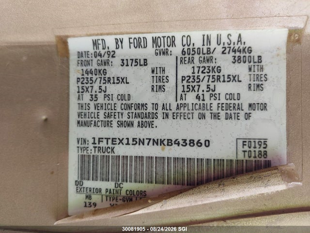 Продажа на аукционе авто 1992 Ford F150, vin: 1FTEX15N7NKB43860, номер лота: 30081905