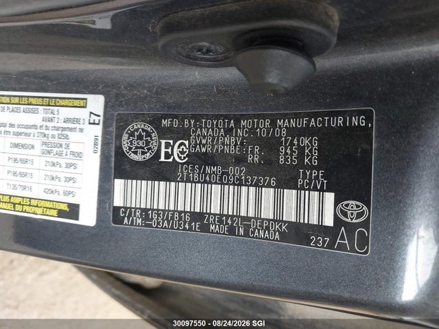 Aukcja sprzedaży 2009 Toyota Corolla S/le/xle, vin: 2T1BU40E09C137376, numer aukcji: 30097550
