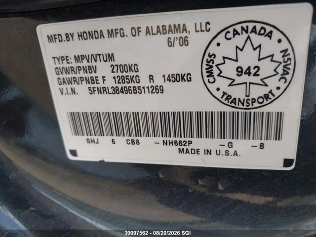 Продаж на аукціоні авто 2006 Honda Odyssey Ex, vin: 5FNRL38496B511269, номер лоту: 30097562