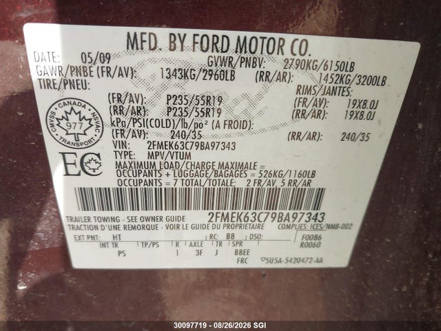 Продаж на аукціоні авто 2009 Ford Flex Limited, vin: 2FMEK63C79BA97343, номер лоту: 30097719