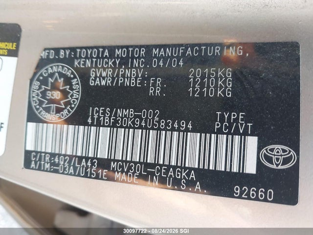 2004 Toyota Camry Le/xle/se მანქანა იყიდება აუქციონზე, vin: 4T1BF30K94U583494, აუქციონის ნომერი: 30097722