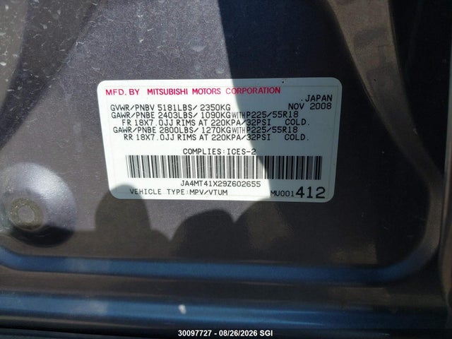 Продажа на аукционе авто 2009 Mitsubishi Outlander Xls, vin: JA4MT41X29Z602655, номер лота: 30097727