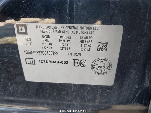 Aukcja sprzedaży 2012 Cadillac Cts, vin: 1G6DA5E52C0100799, numer aukcji: 30097728