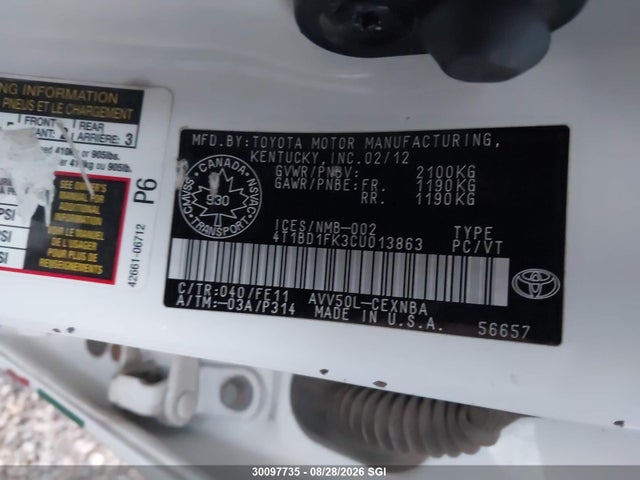 30097735 :رقم المزاد ، 4T1BD1FK3CU013863 vin ، 2012 Toyota Camry Hybrid/le/xle مزاد بيع
