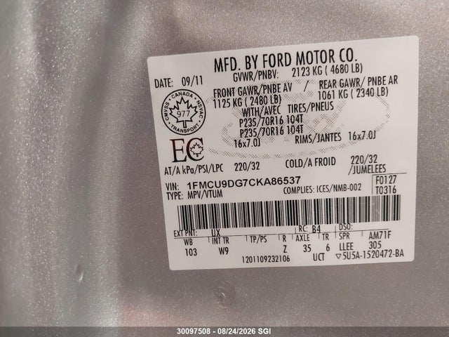 2012 Ford Escape Xlt მანქანა იყიდება აუქციონზე, vin: 1FMCU9DG7CKA86537, აუქციონის ნომერი: 30097508