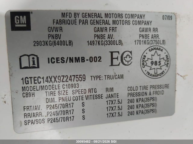 2009 Gmc Sierra C1500 მანქანა იყიდება აუქციონზე, vin: 1GTEC14XX9Z247559, აუქციონის ნომერი: 30095482