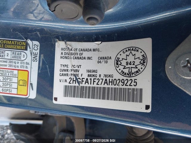 Продаж на аукціоні авто 2010 Honda Civic Dx, vin: 2HGFA1F27AH029225, номер лоту: 30097758