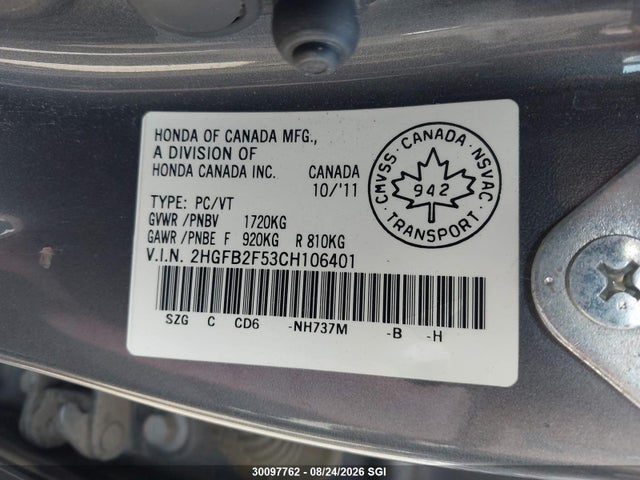 Продаж на аукціоні авто 2012 Honda Civic Lx, vin: 2HGFB2F53CH106401, номер лоту: 30097762